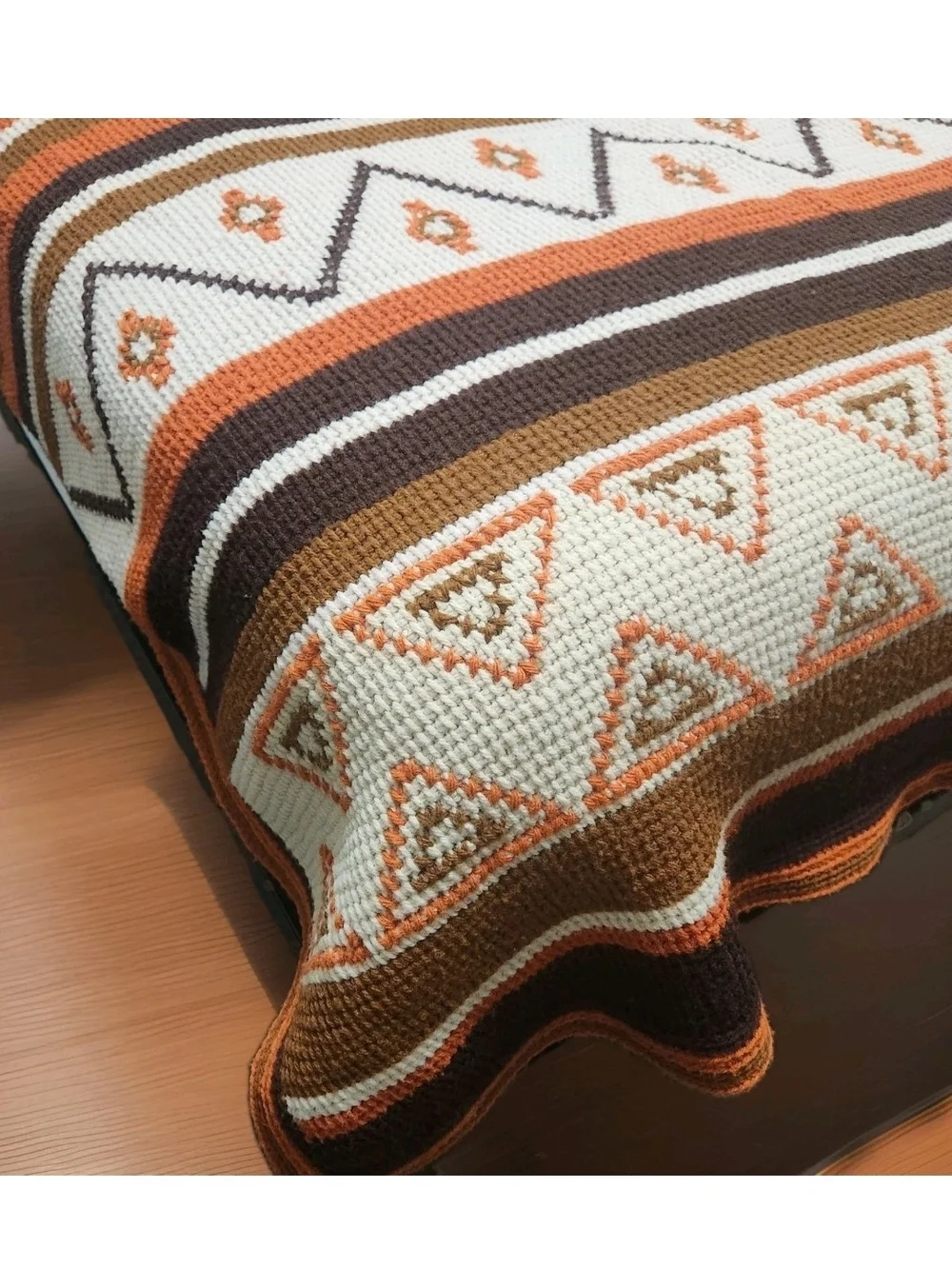 Vtg 70s Southwest Crochet Afghan Blanket Earth Tones Geo Diamond Throw 68x49
